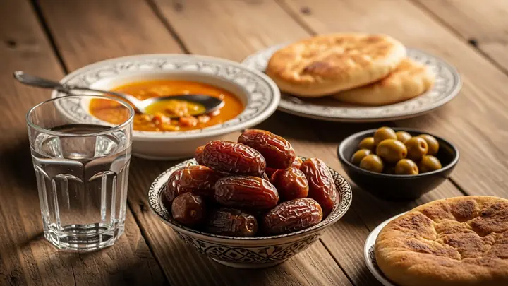 A meal of lentil soup, bread and dates