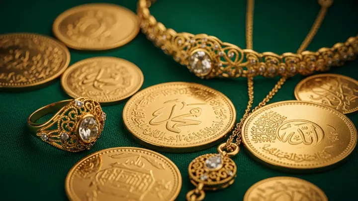Gold coins, rings and a necklace laid out for valuation