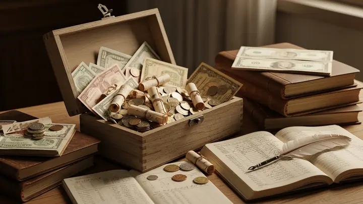 A wooden box of banknotes beside an open ledger
