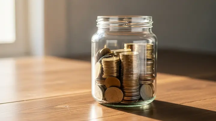 A glass jar of coins on a wooden table