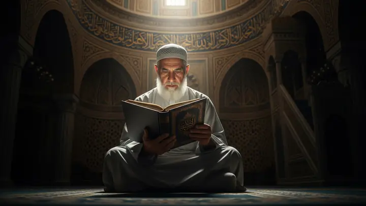 A scholar reading beneath a mosque dome